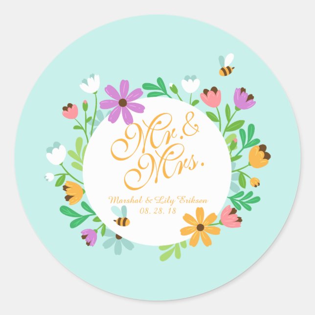 Sticker Rond M. & Mme Elegant Floral Mariage | Sceau à coller (Devant)