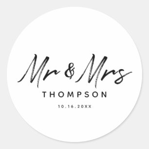 Sticker Rond M. & Mme Modern Black White Script Mariage