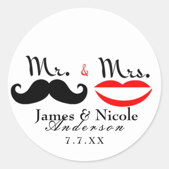 Sticker Rond M. & Mme Retro Mariage de lèvres Mustache (Devant)