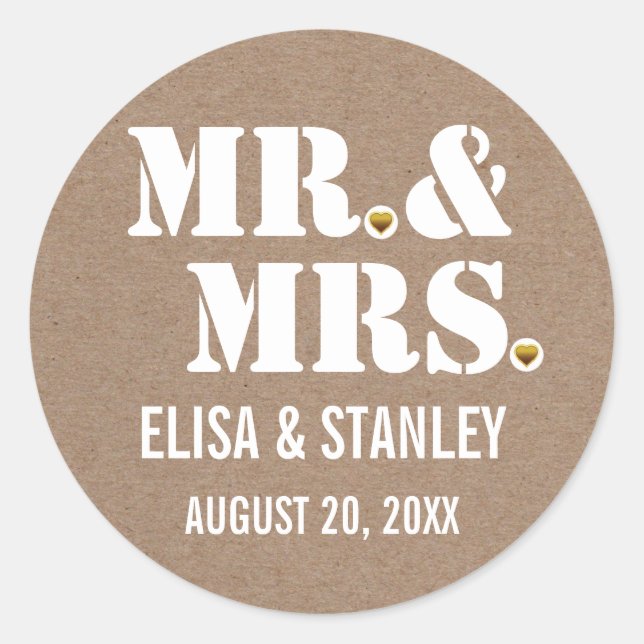 Sticker Rond M. & Mme typographie mariage kraft Enregistrer la  (Devant)