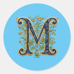 Sticker Rond M monogramme fleur d'or bleu