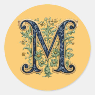 Sticker Rond M monogramme fleur d'or bleu