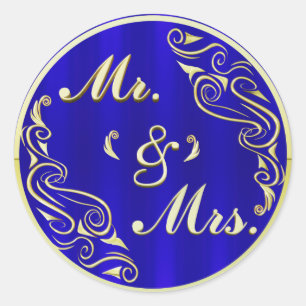 Sticker Rond M. MRS Regal Golden Typography Royal Blue Mariage