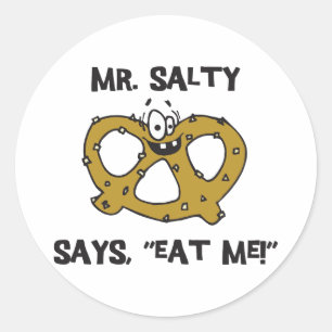 Sticker Rond M. Salty Dit Mange Moi Pretzel