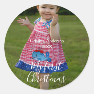 Sticker Rond ma première fille de Noël nom photo année simple