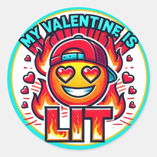 Sticker Rond Ma Saint Valentin est LIT Fun Fire Heart Emoji (Devant)