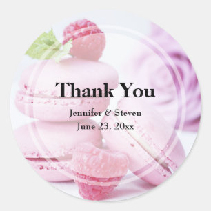 Sticker Rond Macarons roses et framboises rouges Mariage Merci