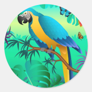Sticker Rond macaw bleu et or en Amazonie