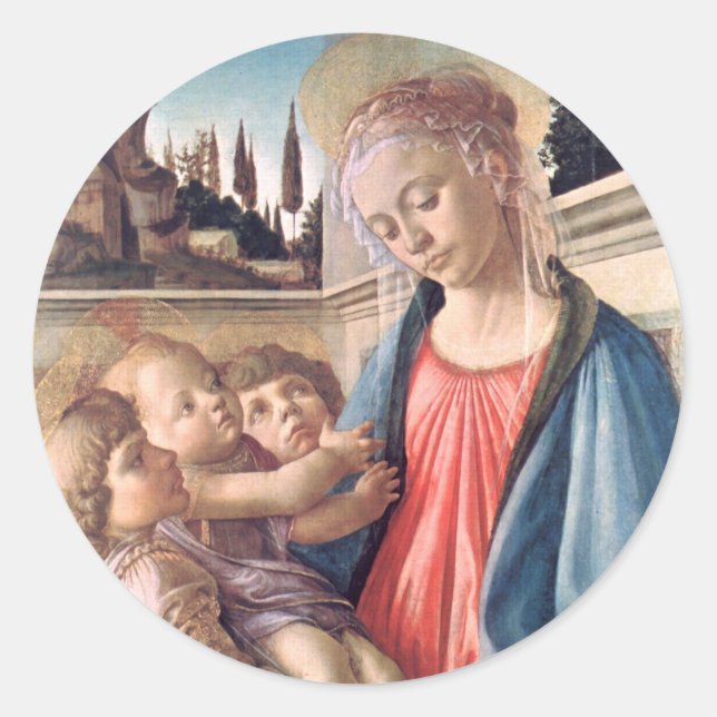 Sticker Rond Madonna & Enfant Deux Anges Botticelli Art (Devant)