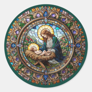 Sticker Rond Madonna et Bébé Jésus Noël religieux
