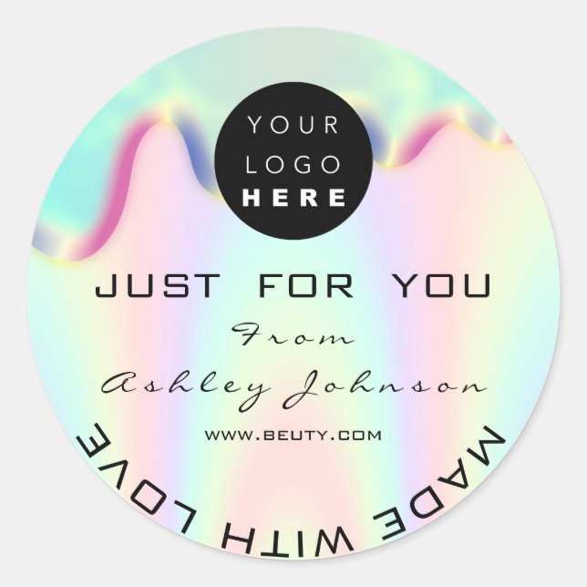 Sticker Rond Magasiner Merci Logo Holographi Fabriqué Avec Love (Devant)