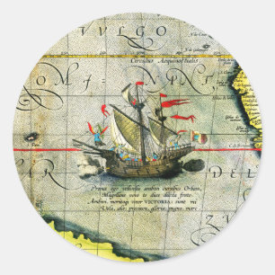 Sticker Rond Magellans navire Victoria, Antique Carte Océan Pac