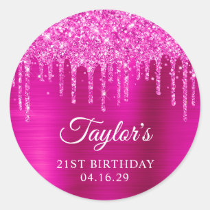 Sticker Rond Magenta Parties scintillant Drips Metallic 21e ann