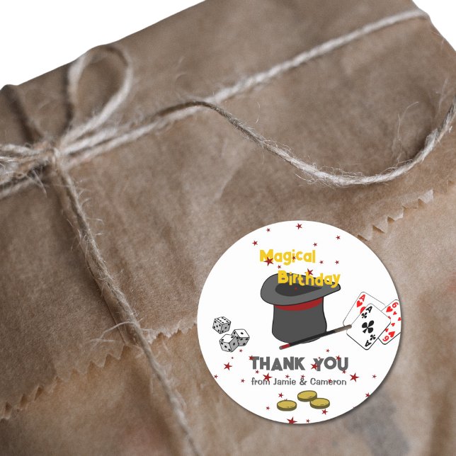 Sticker Rond Magic Show Joint Anniversaire Merci de noms (Magic Show Joint Birthday Thank You From Names Classic Round Sticker)