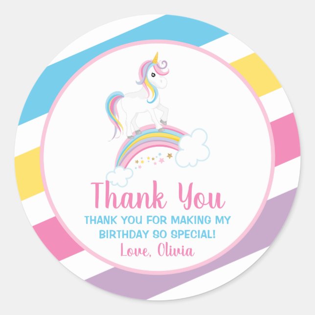 Sticker Rond Magical Rainbow Unicorn Anniversaire Merci favoris (Devant)