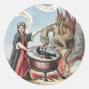 Sticker Rond Magicien et dragon au Cauldron de l'Alchimie