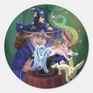 Sticker Rond Magicien tirant des lapins d'un Casquette