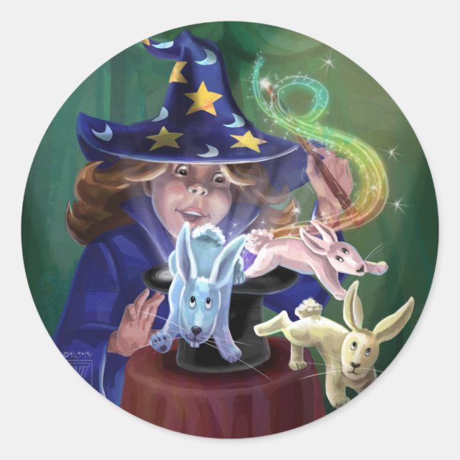 Sticker Rond Magicien tirant des lapins d'un Casquette (Devant)