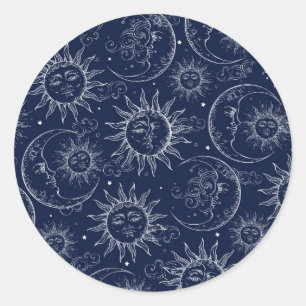 Sticker Rond Magie Bleue Vintage Soleil Lune Étoiles Fête