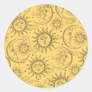 Sticker Rond Magie Jaune Vintage étoile de soleil céleste
