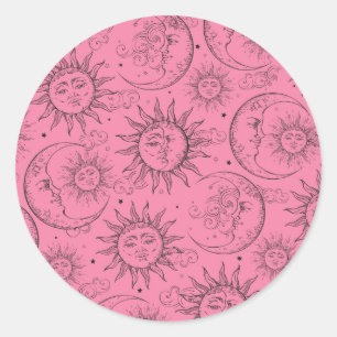 Sticker Rond Magie Rose Vintage Soleil Lune Étoiles Célestes