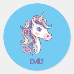 Sticker Rond Magique Cute Sparkly Pastel Unicorn avec nom enfan