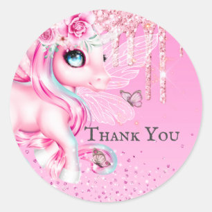 Sticker Rond Magique fée unicorn rose parties scintillant merci