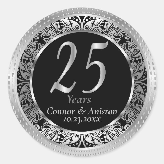 Sticker Rond Magnifique 25ème Argent Métallique et Noir (Devant)