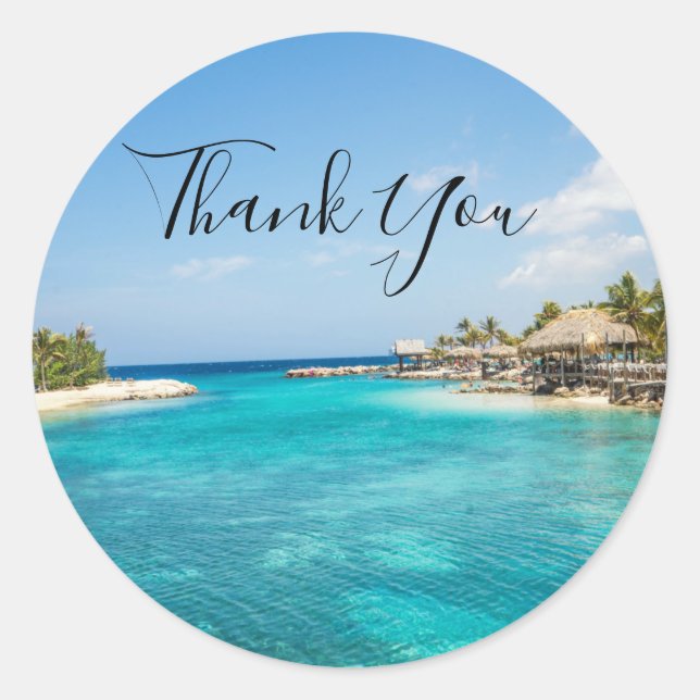 Sticker Rond Magnifique Blue Tropical Beach Merci photo (Devant)