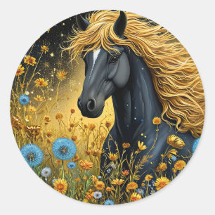 Sticker Rond Magnifique étalon noir parmi des fleurs sauvages v