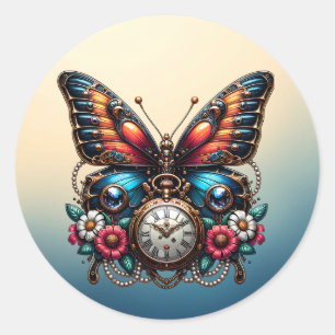 Sticker Rond Magnifique Montre de poche papillon et fleurs
