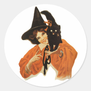 Sticker Rond Magnifique sorcière vintage avec chat noir sur l'é