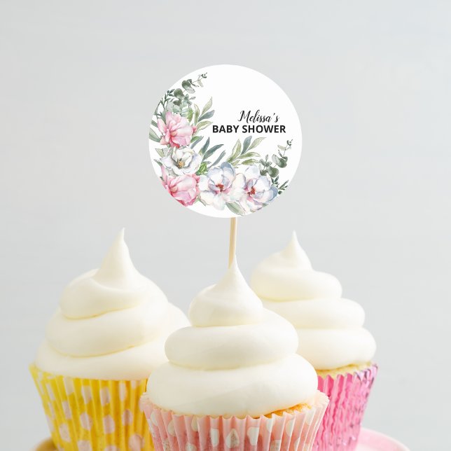 Sticker Rond Magnolia Blanc Blush Rose Floral Cupcake Toppers (Créateur téléchargé)