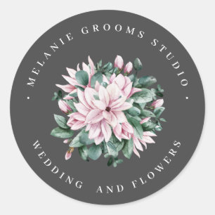 Sticker Rond Magnolia et eucalyptus gris foncé fleurs de mariag