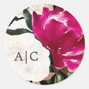 Sticker Rond Magnolia peint sur noir   Mariage de monogramme