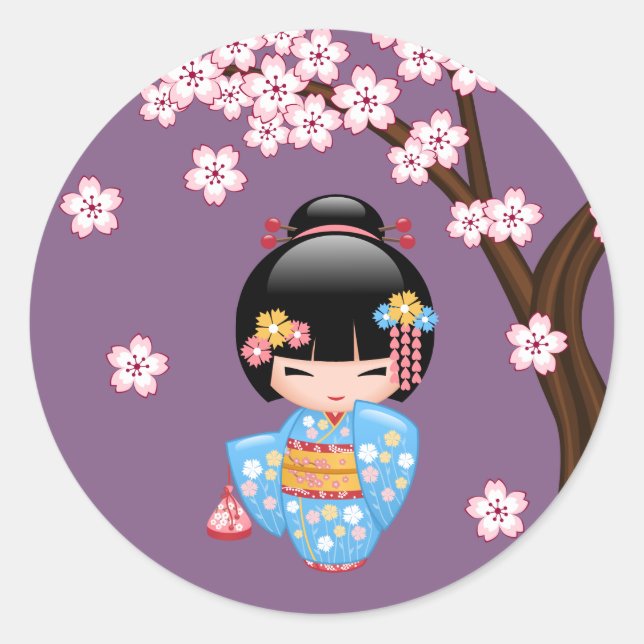 Sticker Rond Maiko Kokeshi poupée mignonne Geisha fille pourpre (Devant)