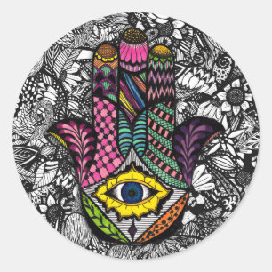 Sticker Rond Main colorée dessinée Hamsa main et dessins florau