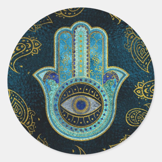 Sticker Rond Main Hamsa décorative avec arrière - plan cachemir (Devant)