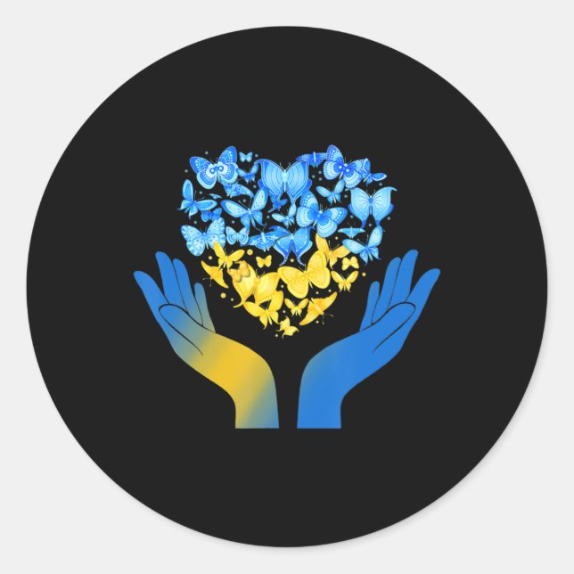 Sticker Rond Main Love Heart Butterfly Ukrainien Drapeau Stand  (Devant)