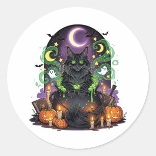Sticker Rond Maine Coon Cauldron - Chat d'Halloween Éffrayant