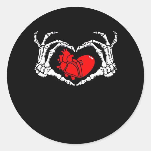 Sticker Rond Mains De Squelette Effrayant Et Coeur Rouge Déplai (Devant)