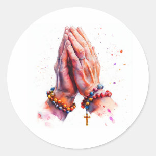 Sticker Rond Mains en prière avec croix de rosaire catholique r