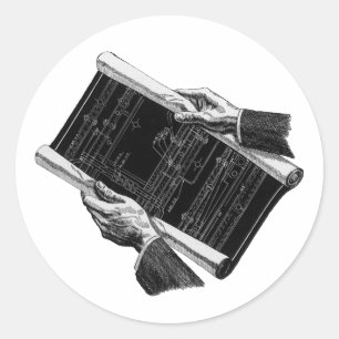 Sticker Rond Mains w Architectural Blueprints, Vintage Business