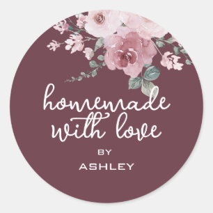 Sticker Rond Maison avec Amour Floral Rose Bourgogne Cadeau