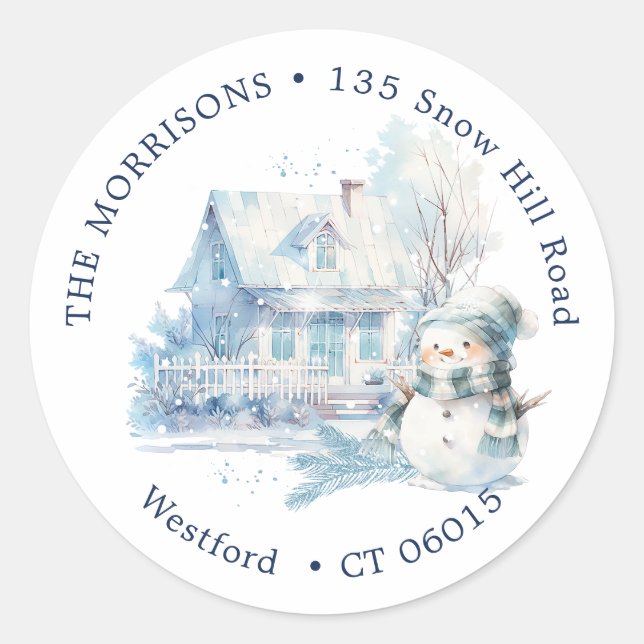 Sticker Rond Maison Blue Snowman Adresse de retour de Noël (Devant)