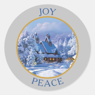 Sticker Rond Maison couverte de neige vintage et arbres Noël