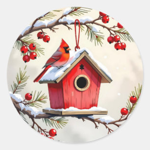 Sticker Rond Maison de cardinal de Noël sur une branche de pin 