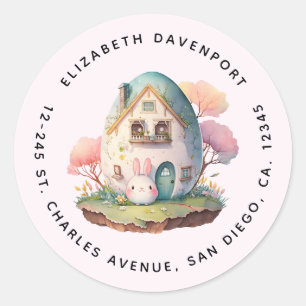 Sticker Rond Maison en forme de lapin rose et d'oeuf Kawaii Sty