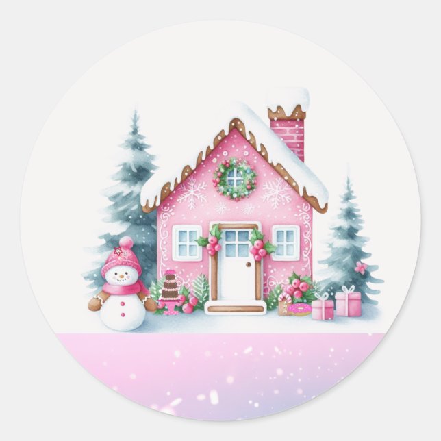 Sticker Rond Maison en pain d'épices du Village d'hiver rose (Devant)