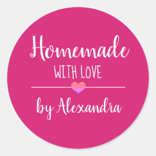 Sticker Rond Maison faite avec amour rose blanc nom de script